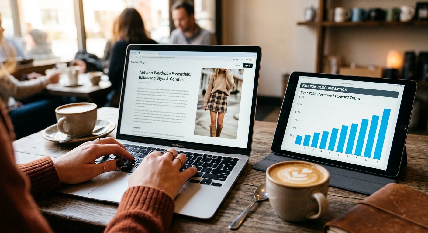 Photorealistic close-up photograph of hands typing on a MacBook keyboard with fashion blog post visible on screen, reven