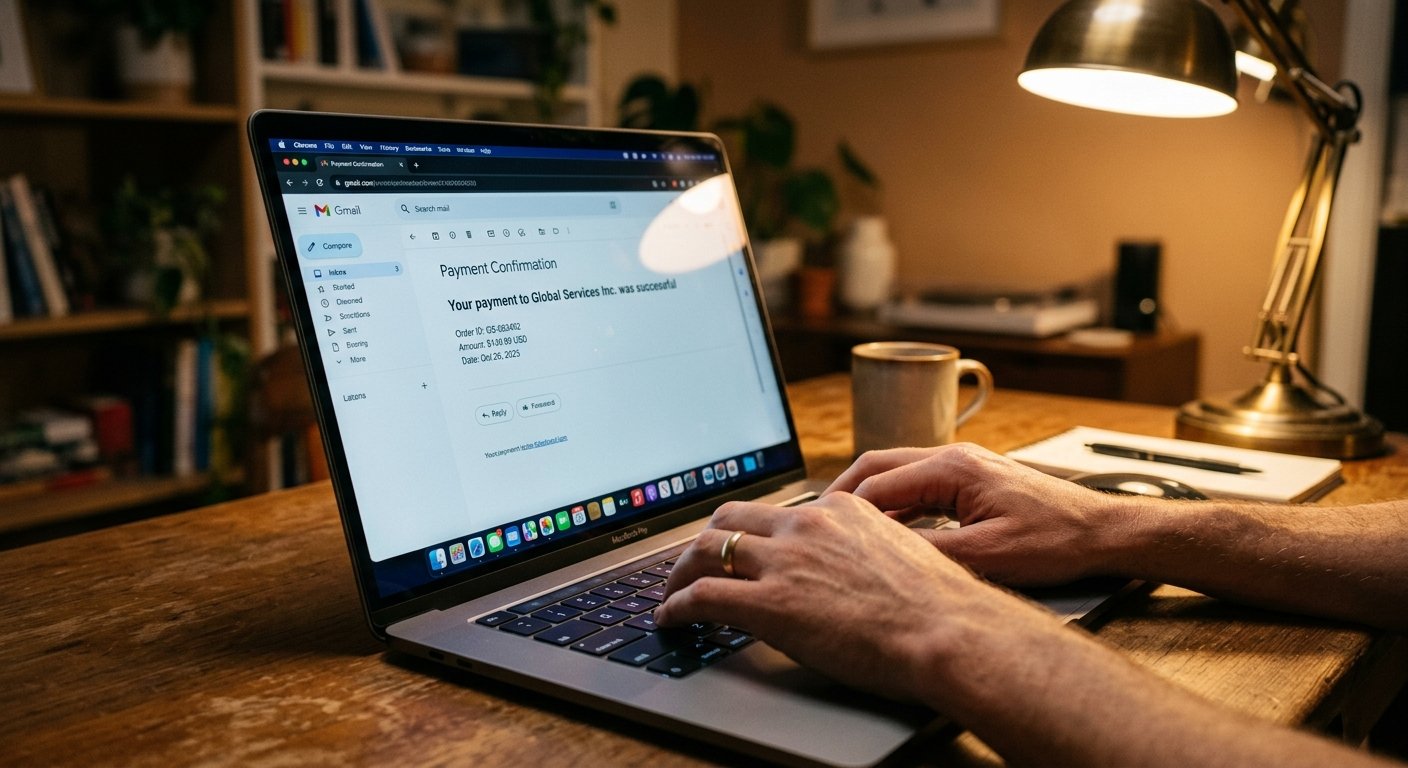 Photorealistic side-angle shot of hands typing on a laptop keyboard with a payment confirmation email visible on screen,