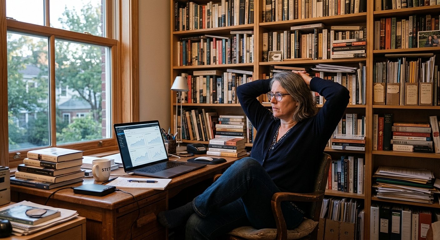 Photorealistic wide shot of a frustrated publisher leaning back in their desk chair, hands behind head looking at a lapt