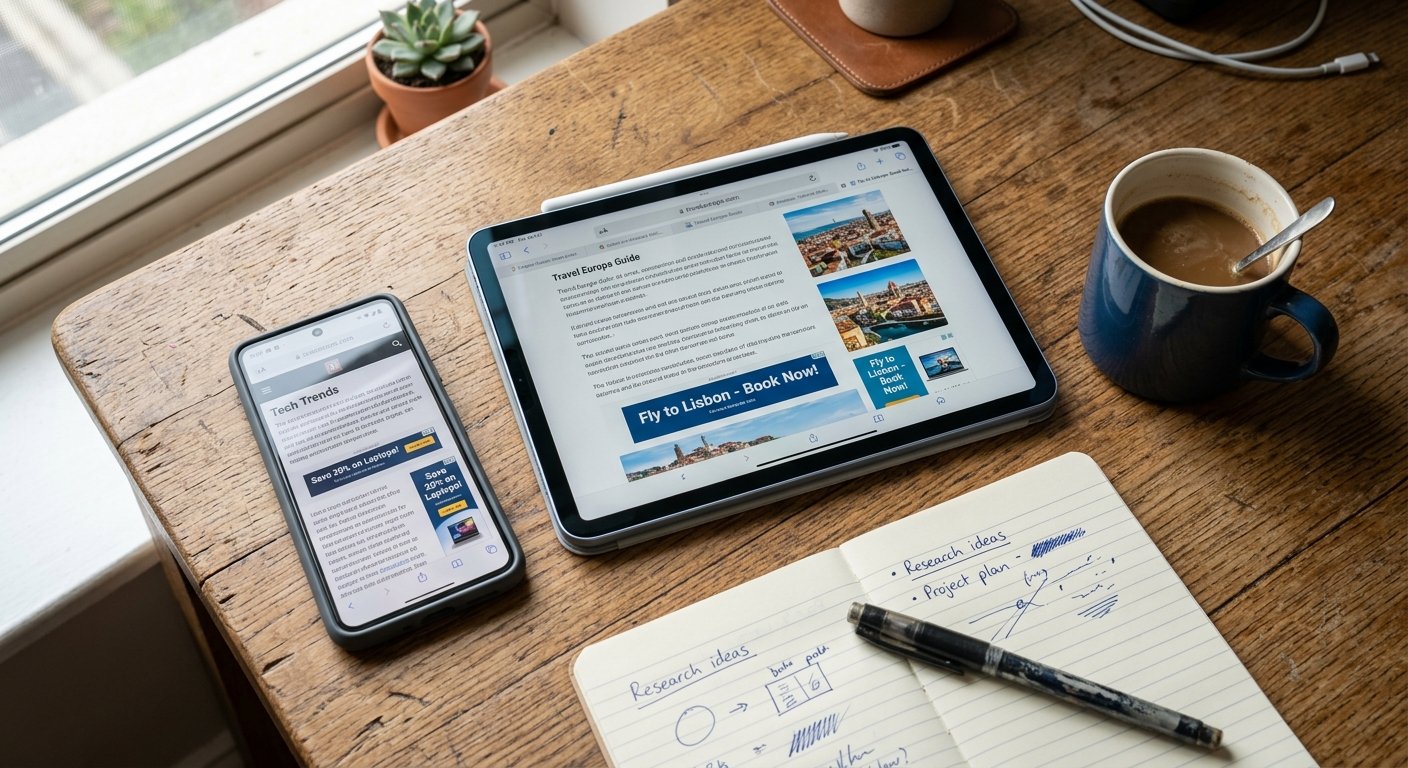 Photorealistic overhead shot of a smartphone and tablet on a wooden desk showing web browser windows with content and in