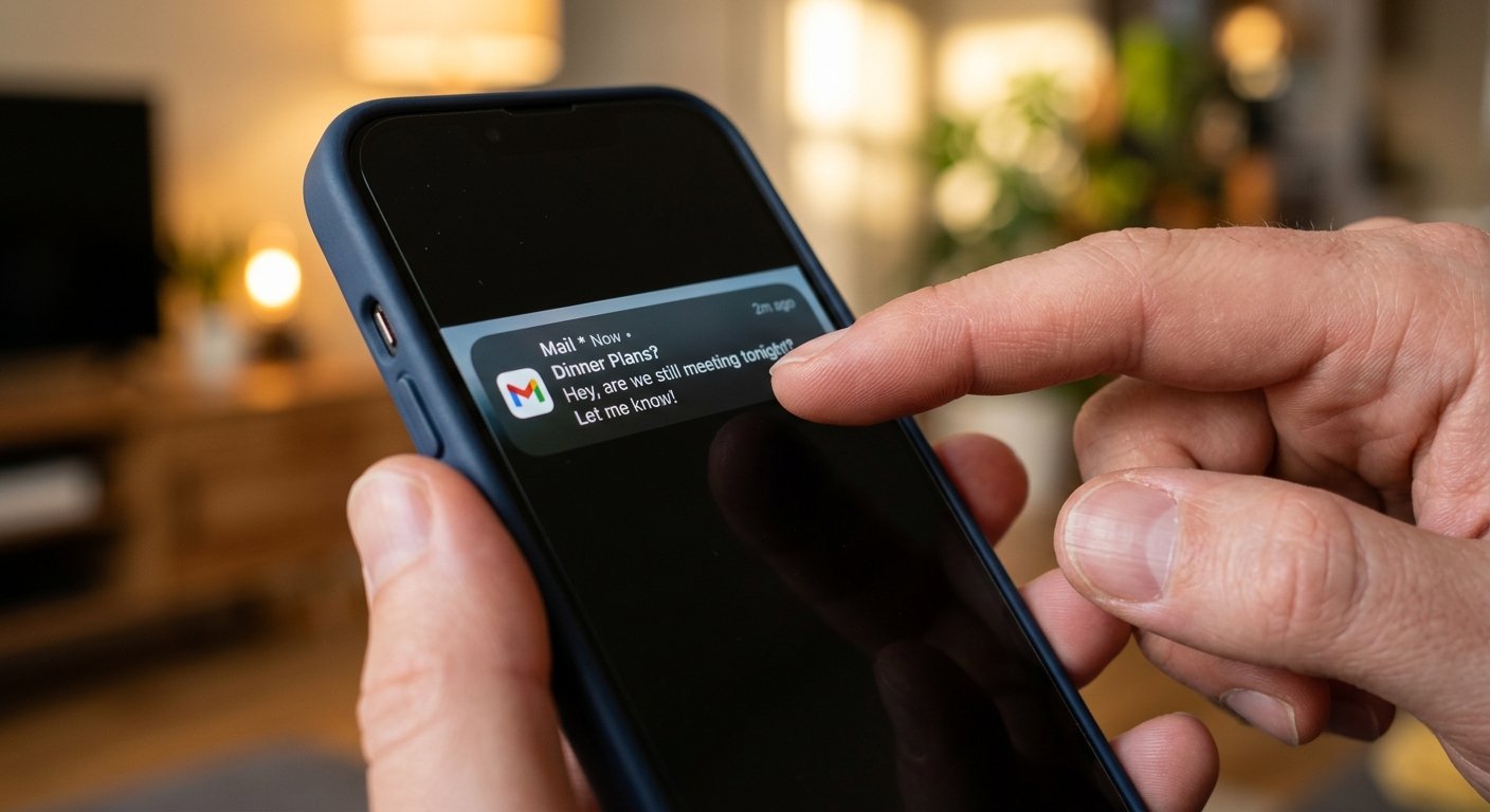 Macro photograph of a finger hovering over a smartphone notification banner at the moment before tapping, captured in sh