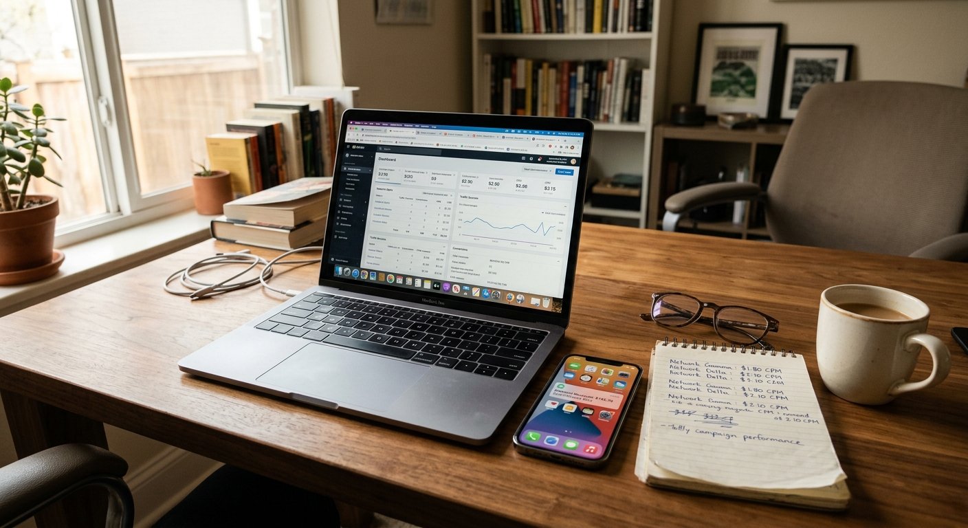 Photorealistic wide shot of a modern home office desk setup from a slight overhead angle, laptop open with multiple brow