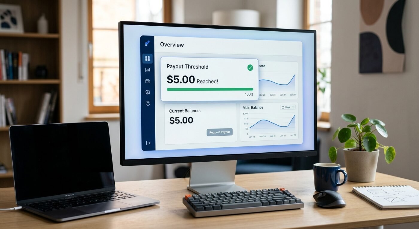 Dashboard showing $5 payout threshold reached, clean interface, soft blue UI glow, modern publisher workspace, realistic