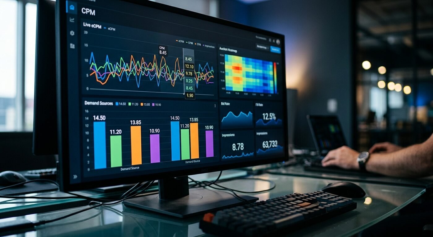 Dashboard showing real-time bidding metrics, multiple demand sources competing, clean UI, professional tech lighting, sh