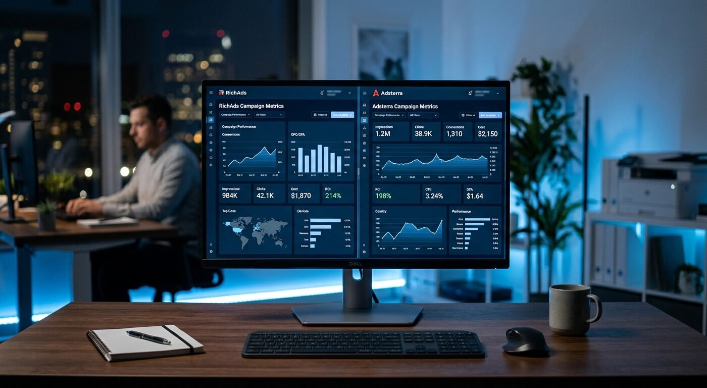 Split-screen dashboard comparison showing RichAds and Adsterra campaign metrics, clean modern UI, soft blue lighting, pr