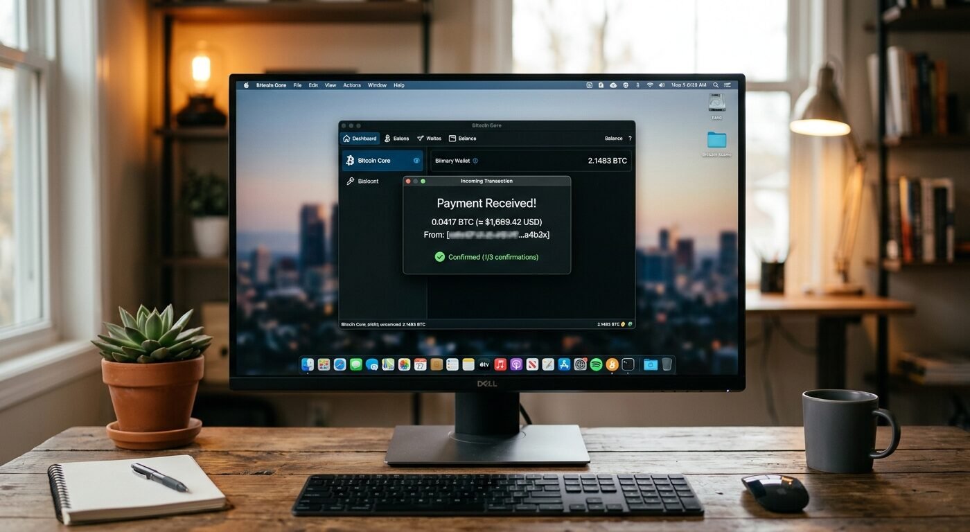 Bitcoin wallet receiving payment notification on desktop screen, warm office lighting, shallow depth of field, professio