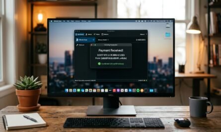 Bitcoin wallet receiving payment notification on desktop screen, warm office lighting, shallow depth of field, professio