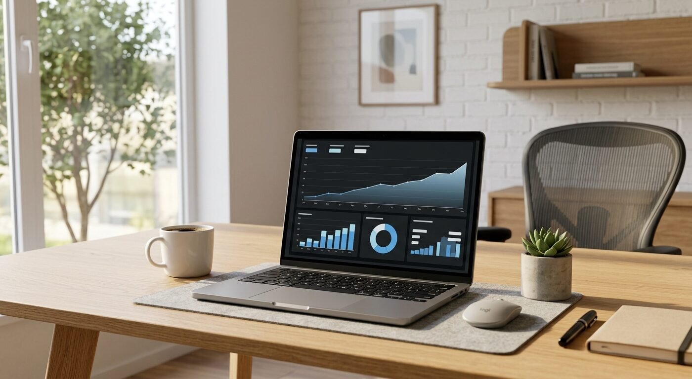 Modern workspace with laptop displaying analytics dashboard, warm natural lighting, clean minimal desk setup, charts sho