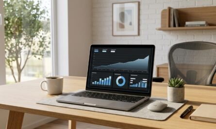 Modern workspace with laptop displaying analytics dashboard, warm natural lighting, clean minimal desk setup, charts sho