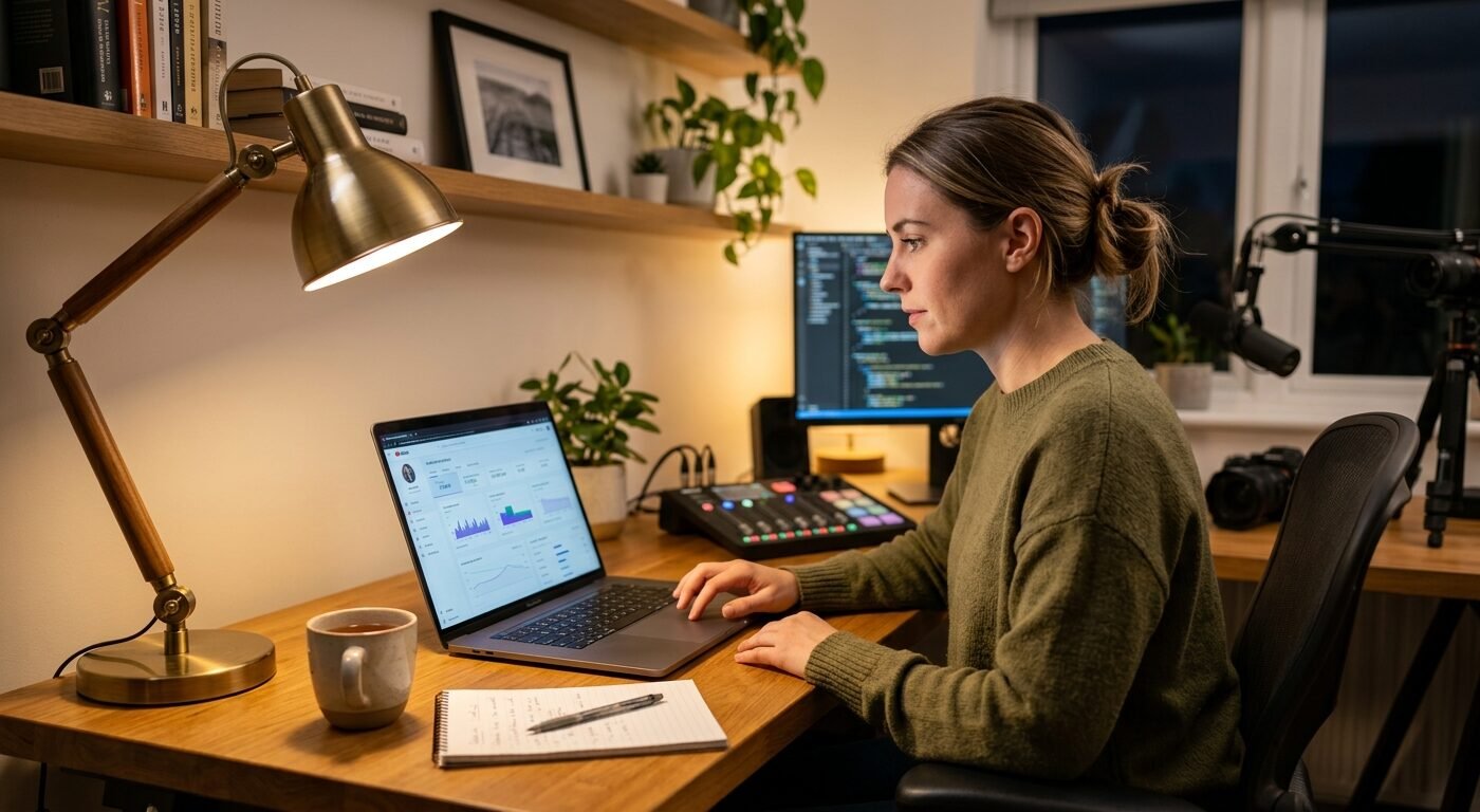 YouTube creator at desk reviewing analytics dashboard on laptop, warm desk lamp lighting, focused expression, modern hom