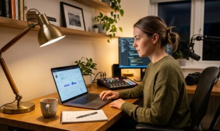 YouTube creator at desk reviewing analytics dashboard on laptop, warm desk lamp lighting, focused expression, modern hom