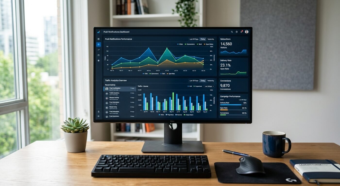 Desktop screen showing push notification dashboard with traffic analytics, professional lighting, clean workspace setup,