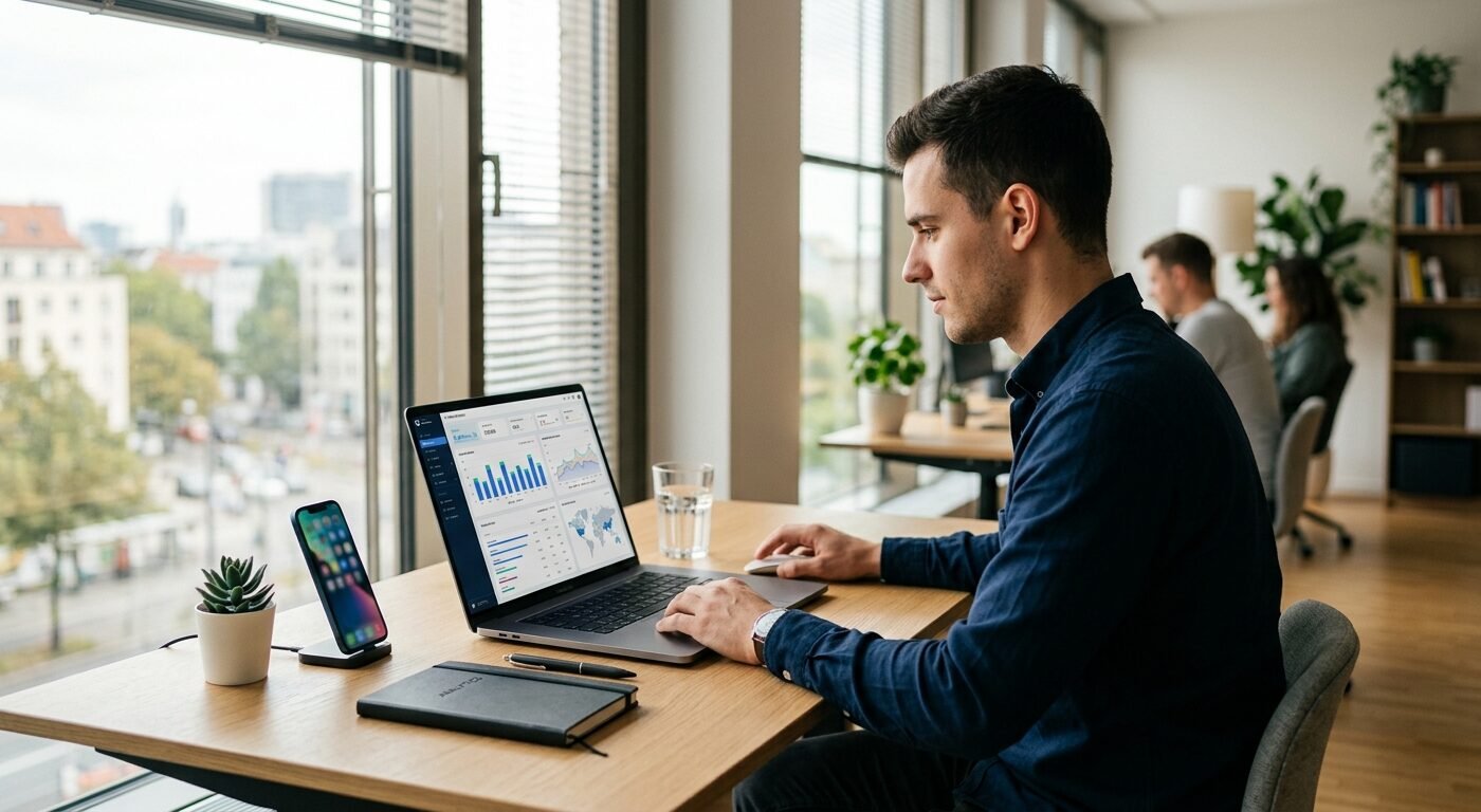 Developer reviewing mobile app analytics dashboard on laptop, clean modern workspace, natural window lighting, focused p