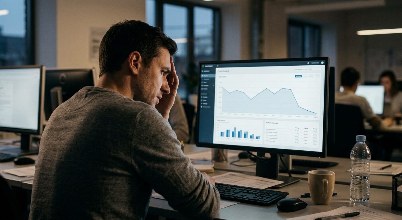 Dashboard screen showing CPM graph declining sharply over two weeks, dim office lighting, frustrated publisher checking