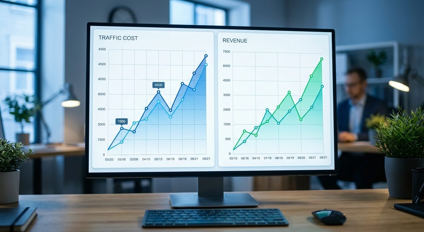 Split-screen dashboard showing traffic cost vs revenue graphs, clean modern interface, soft blue lighting, business anal