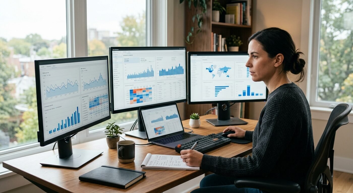 Publisher reviewing multiple ad network dashboards, comparing traffic analytics, modern home office setup, natural windo