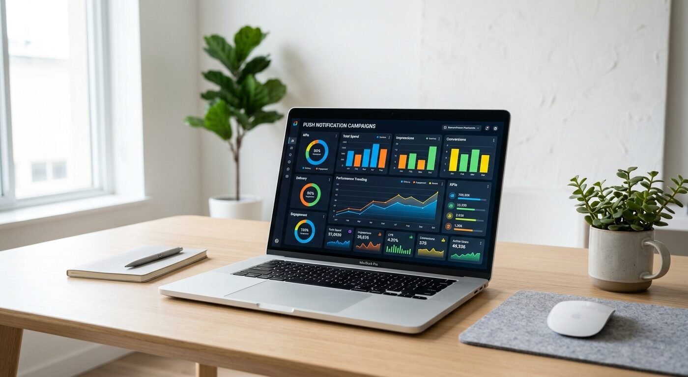 Modern laptop showing colorful DSP dashboard with push notification campaign metrics, bright studio lighting, clean mini