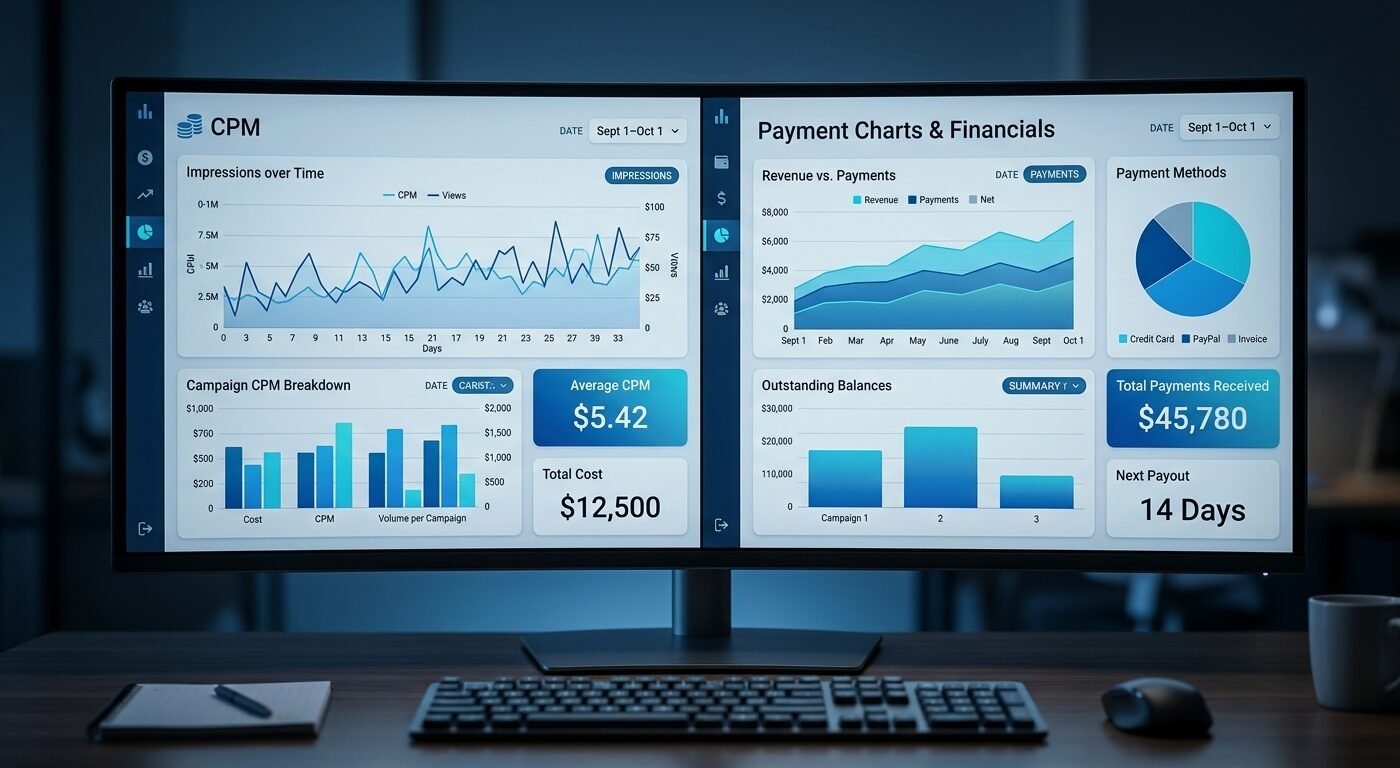 Split-screen comparison dashboard showing CPM metrics and payment charts, modern analytics interface, cool blue lighting