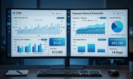 Split-screen comparison dashboard showing CPM metrics and payment charts, modern analytics interface, cool blue lighting
