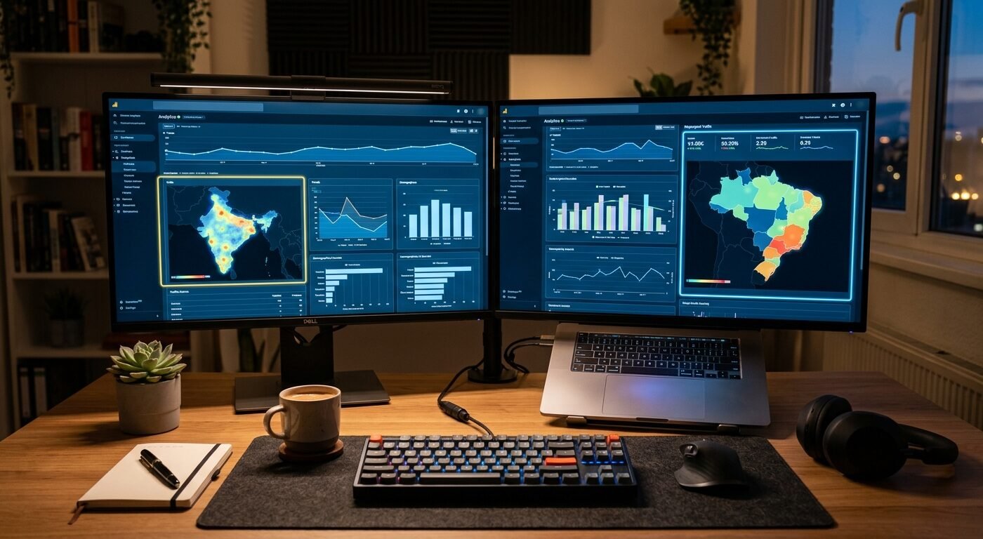 Split-screen desk setup showing analytics dashboard with India and Brazil traffic highlighted, laptop glow, focused work