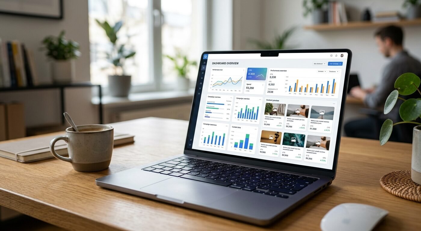 Modern laptop displaying native ad dashboard with content widgets, clean natural lighting, shallow depth of field, profe