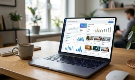Modern laptop displaying native ad dashboard with content widgets, clean natural lighting, shallow depth of field, profe