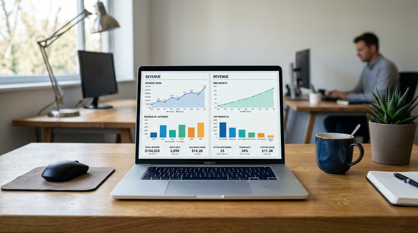 Wide-angle shot of a laptop screen displaying two revenue dashboards side by side, natural desk lighting, professional w
