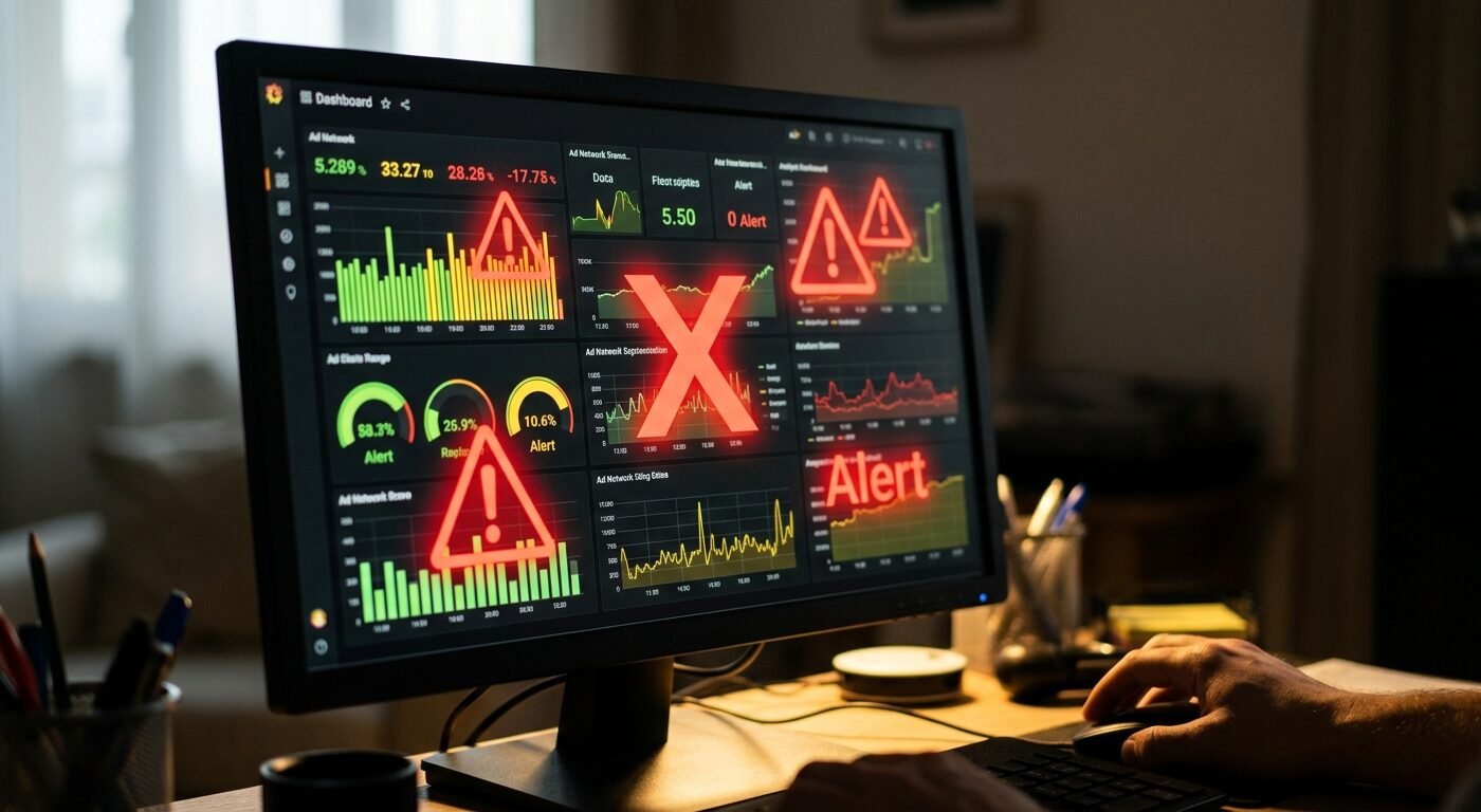 Close-up of computer screen showing suspicious ad network dashboard with inflated fake metrics, red warning symbols over