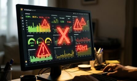 Close-up of computer screen showing suspicious ad network dashboard with inflated fake metrics, red warning symbols over