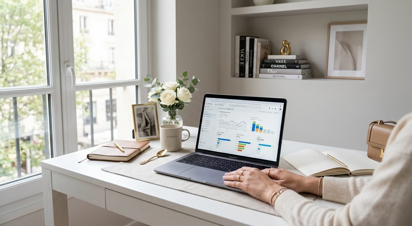 Elegant fashion blogger workspace with laptop displaying ad analytics dashboard, soft natural window light, minimalist a