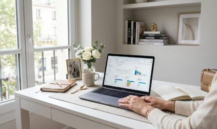 Elegant fashion blogger workspace with laptop displaying ad analytics dashboard, soft natural window light, minimalist a