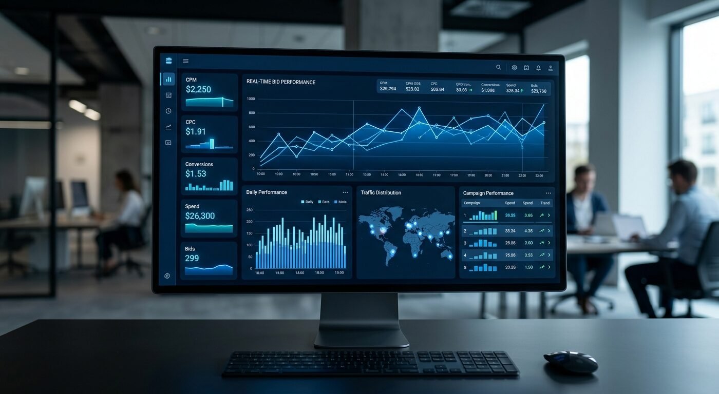 Modern digital advertising dashboard displaying real-time bidding metrics, clean interface, soft blue glow, professional
