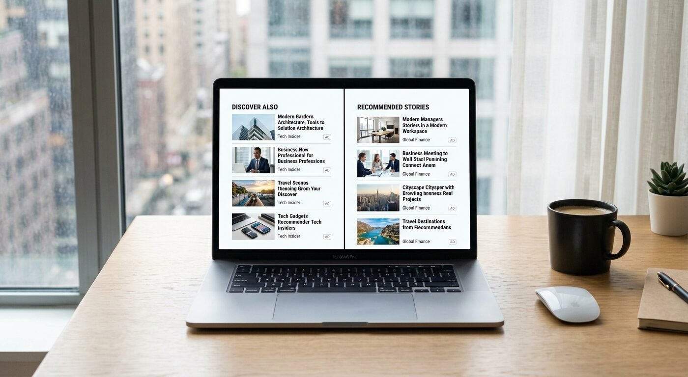 Split-screen comparison of two native ad widgets on a laptop, clean modern office desk, natural window lighting, profess