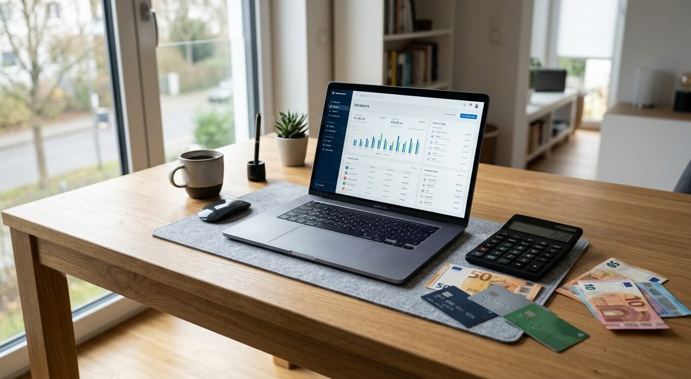 Modern workspace desk with laptop showing payment dashboard, calculator, cash bills and credit cards scattered, natural