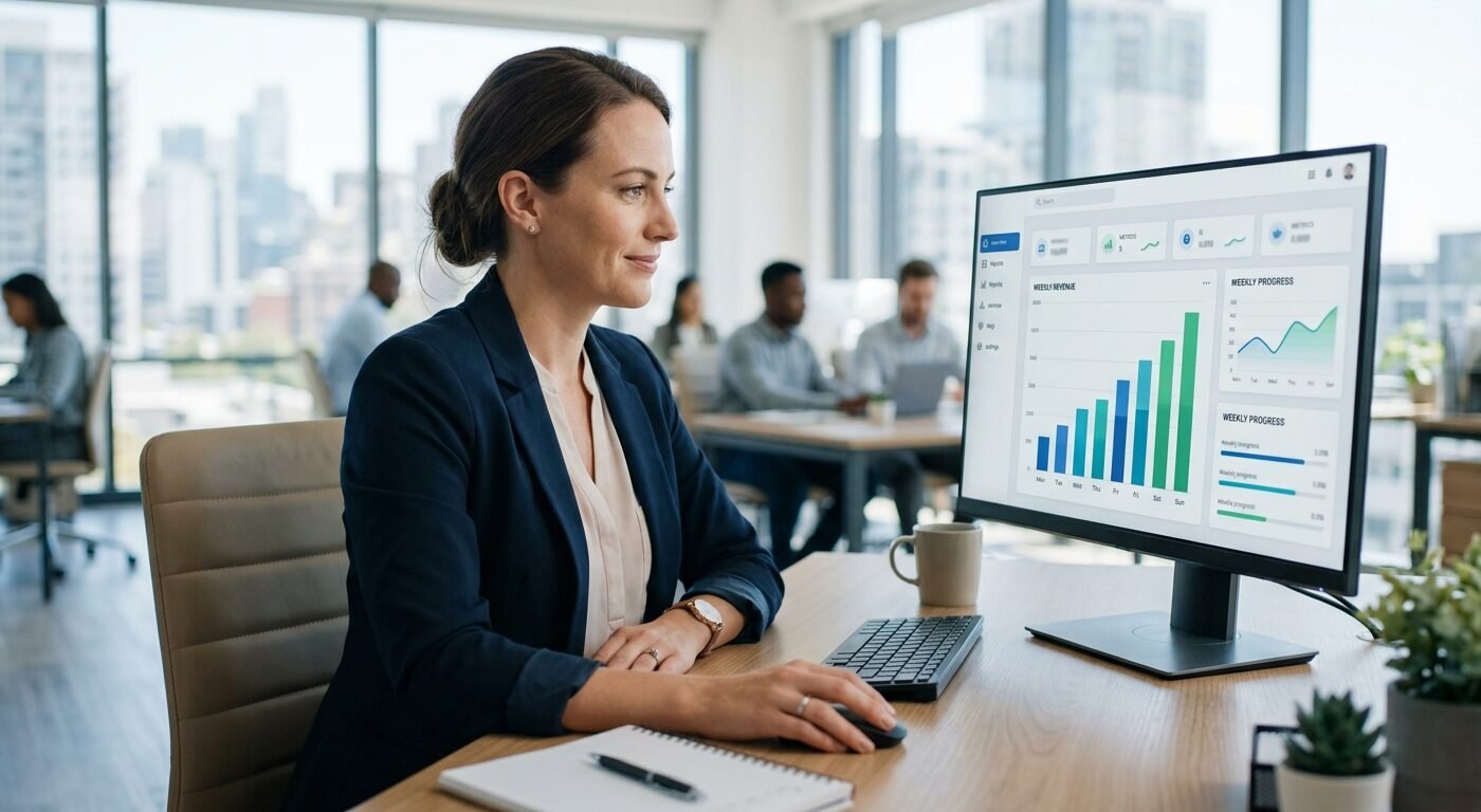 Publisher checking weekly payment dashboard with rising revenue graph, bright office setting, clean modern interface vis
