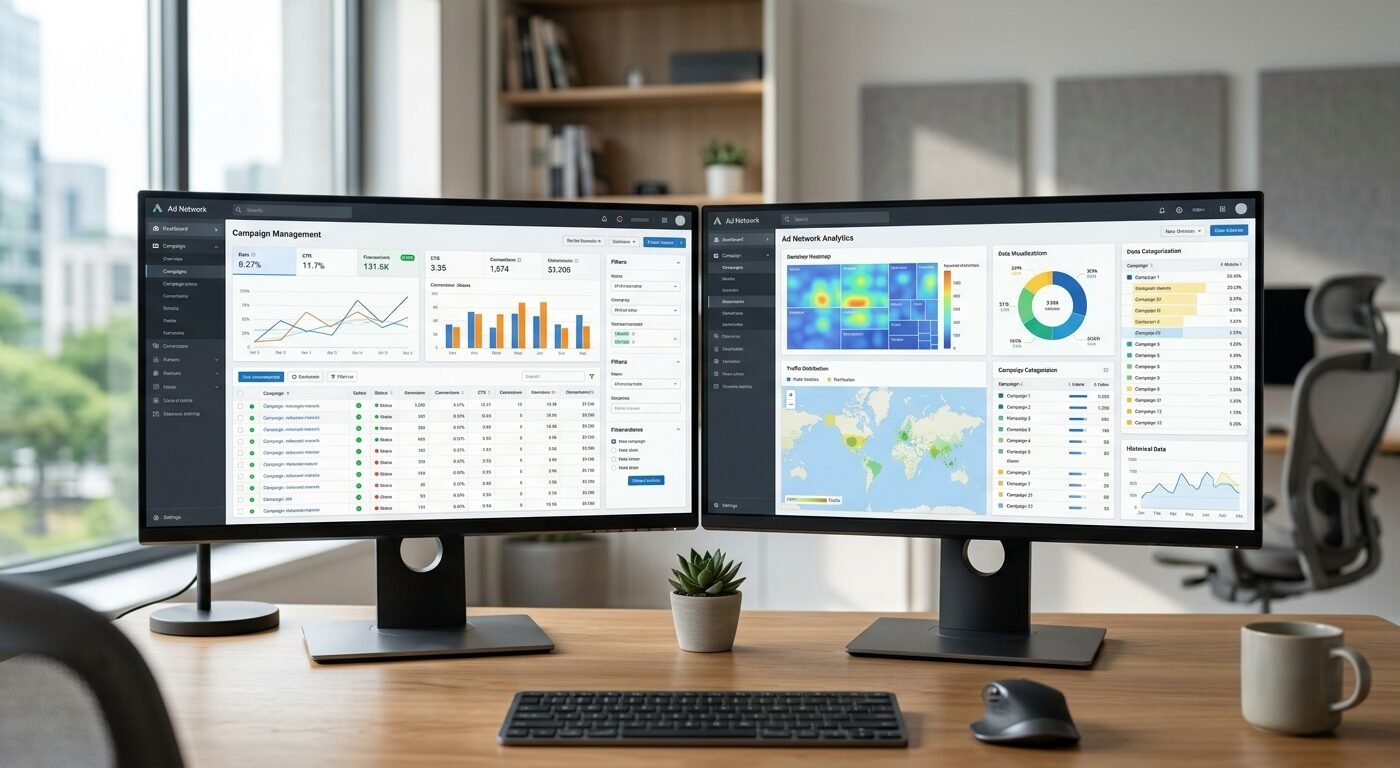 Split-screen comparison dashboard showing PropellerAds and AdMaven interfaces, clean modern workspace lighting, professi
