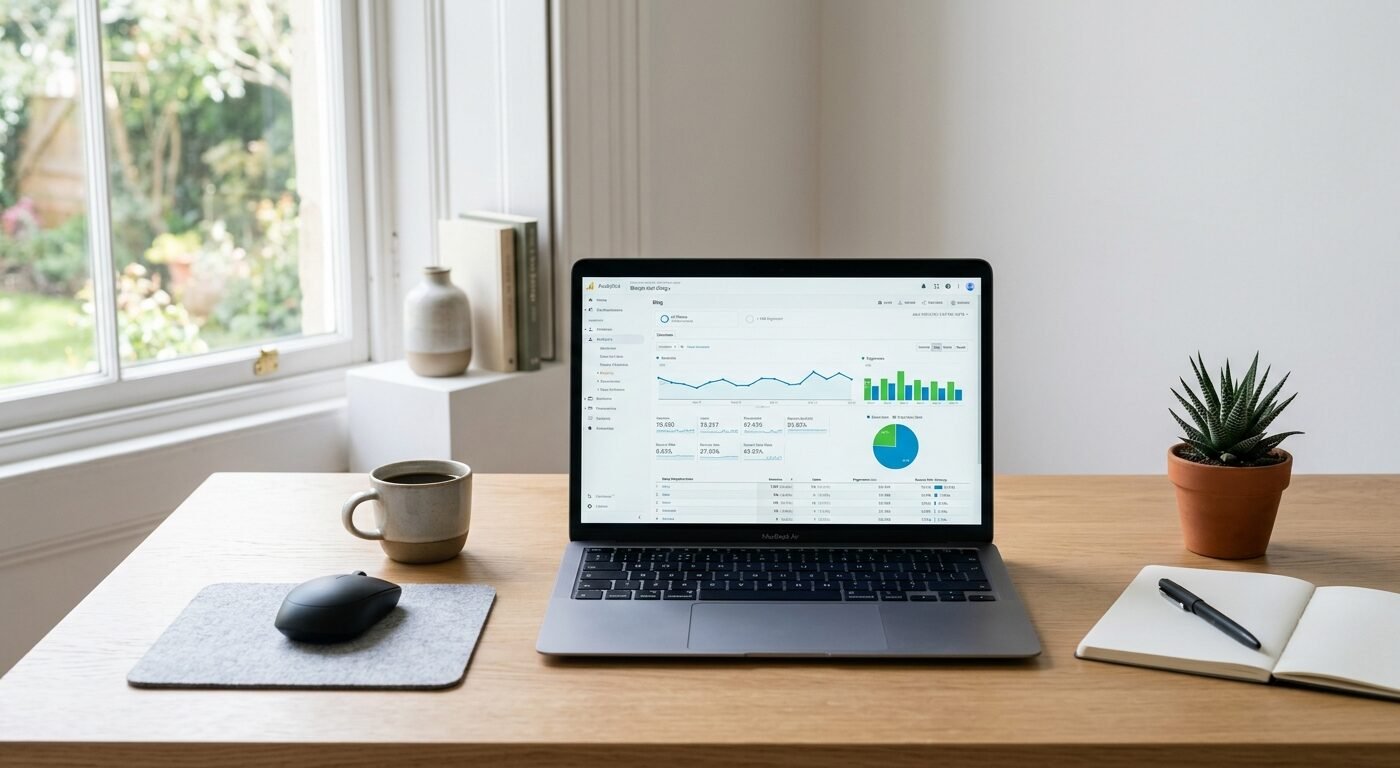 Minimalist desk setup with laptop showing blog analytics dashboard, soft natural window light, clean composition, focuse
