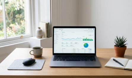 Minimalist desk setup with laptop showing blog analytics dashboard, soft natural window light, clean composition, focuse