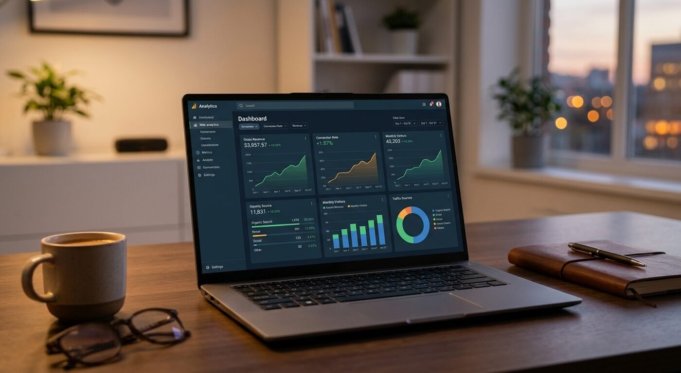 Modern laptop displaying adult website analytics dashboard with revenue graphs, warm desk lighting, clean minimal office