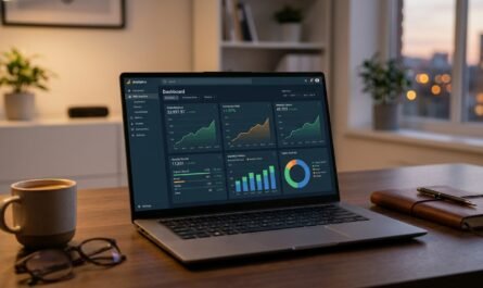 Modern laptop displaying adult website analytics dashboard with revenue graphs, warm desk lighting, clean minimal office