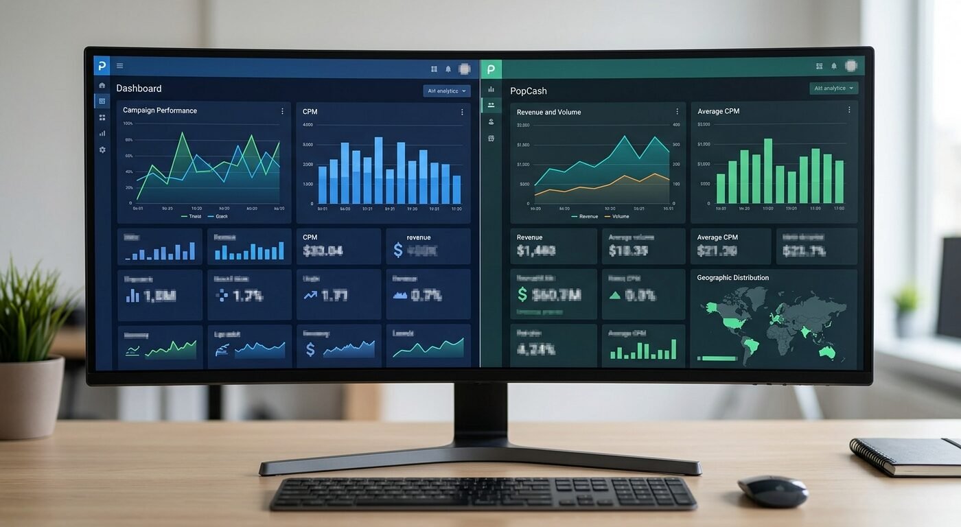 Split-screen dashboard comparison showing PopAds and PopCash analytics interfaces with CPM data, clean modern lighting,