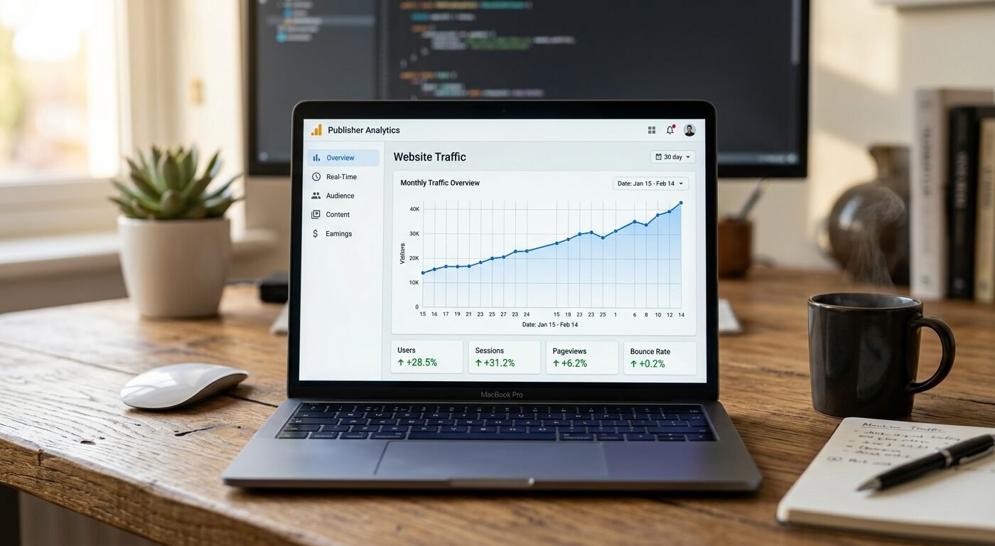 Professional publisher dashboard showing Google Analytics traffic graph trending upward, clean modern interface, natural