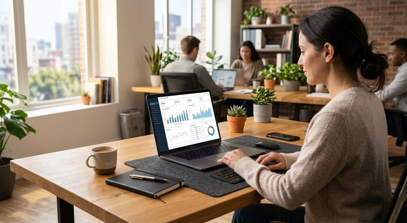 Modern publisher workspace with laptop displaying native ad dashboard, analytics graphs, warm natural lighting, clean de