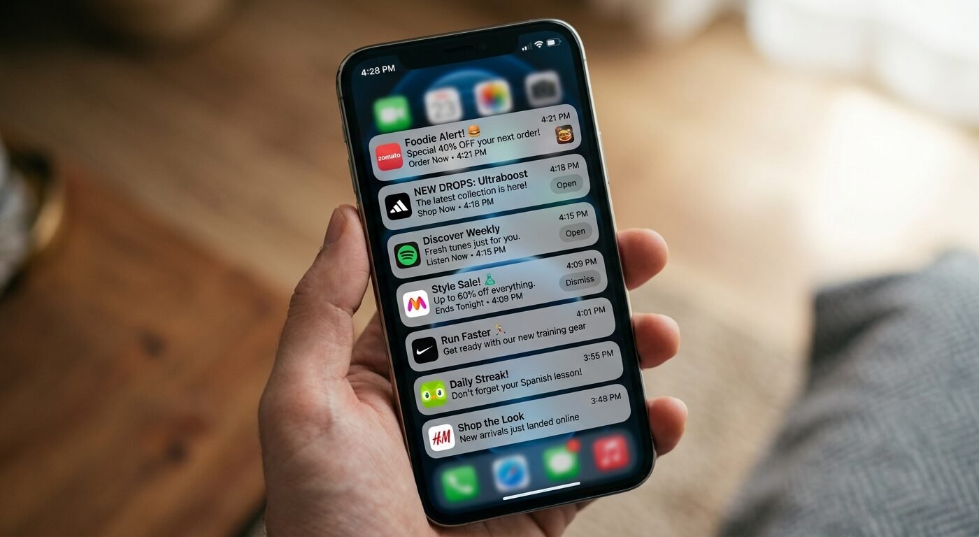Close-up of smartphone screen displaying multiple push notification ads, soft backlight, clean composition, realistic mo