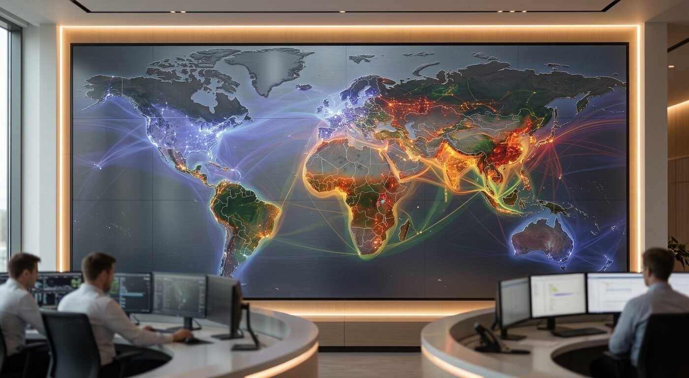 Global traffic visualization with overlapping heat map layers showing tier 3 countries, warm ambient lighting, wide clea