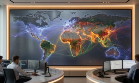 Global traffic visualization with overlapping heat map layers showing tier 3 countries, warm ambient lighting, wide clea