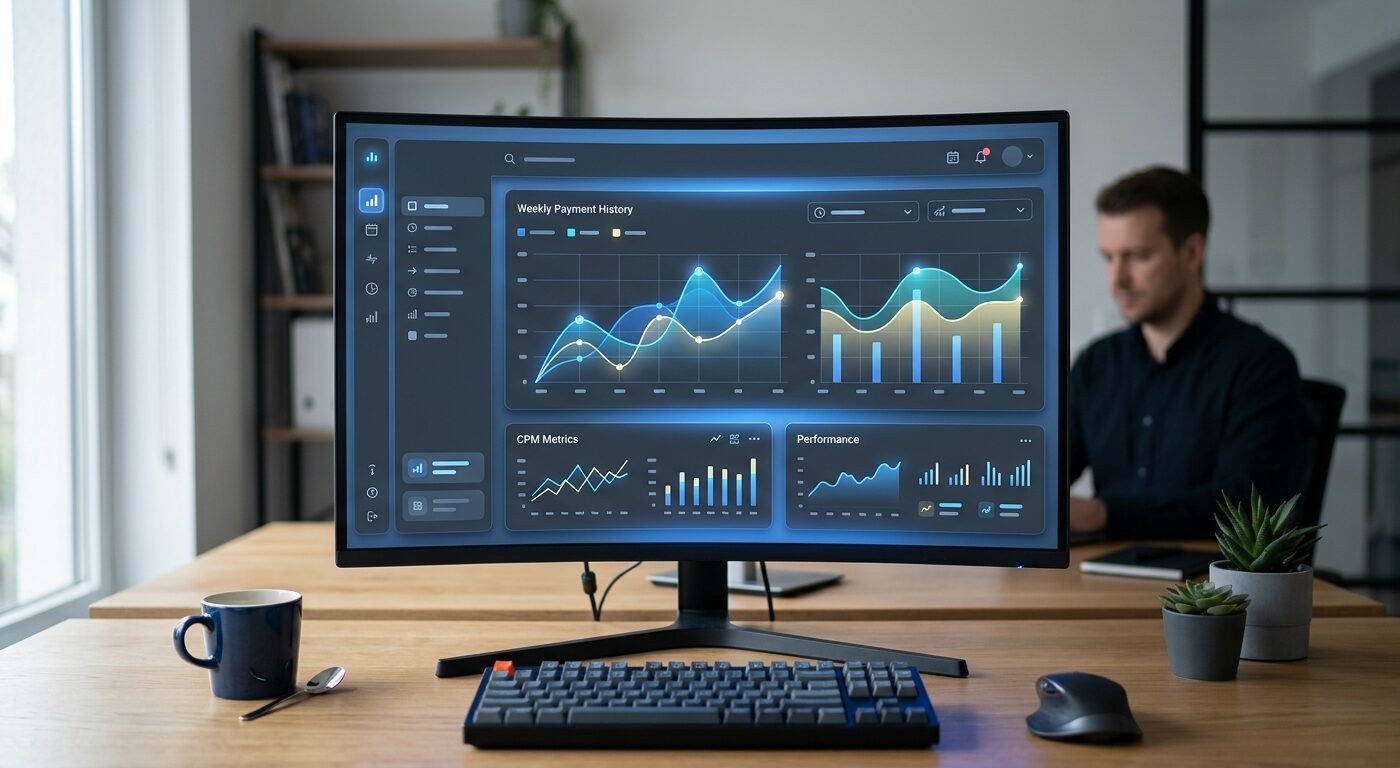 Clean dashboard interface showing weekly payment history and CPM metrics, soft blue UI lighting, professional workspace