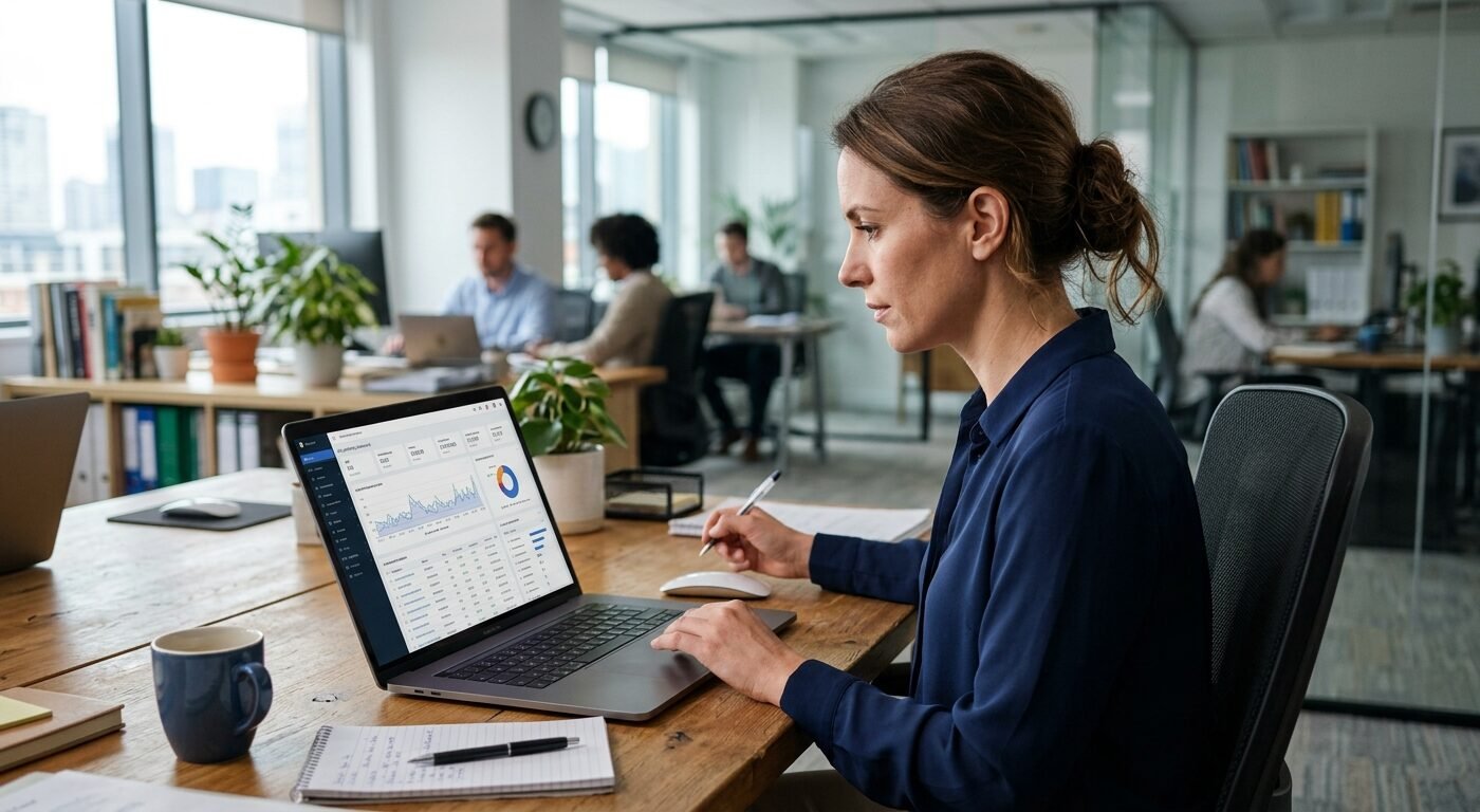 Publisher reviewing ad network dashboard on laptop, natural desk lighting, focused expression, realistic office setting