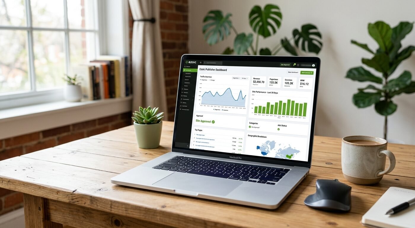 Dashboard view showing Ezoic approval metrics and traffic analytics on laptop screen, clean workspace setting, bright na