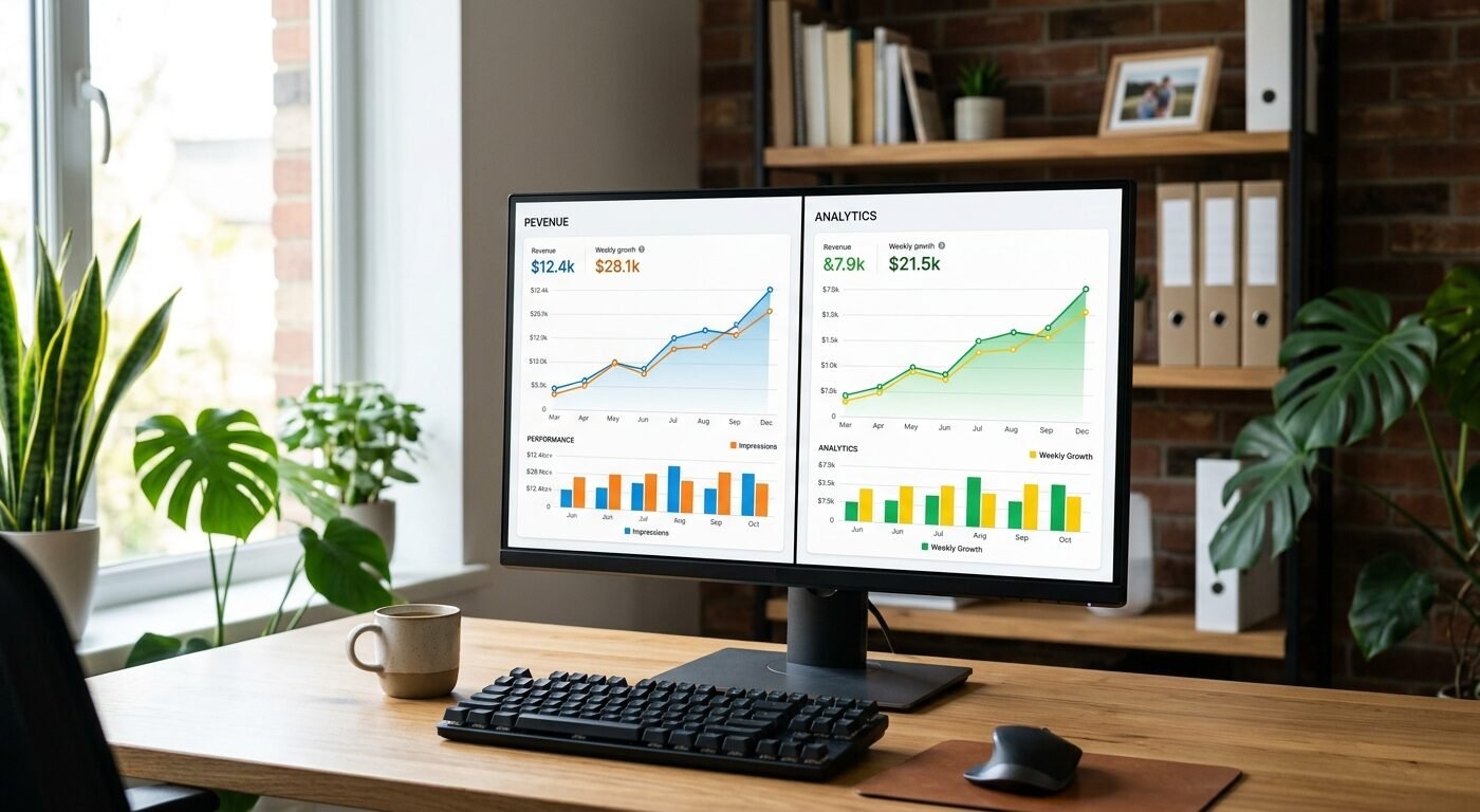 Split-screen dashboard showing RichAds and ClickAdu revenue graphs side-by-side on desktop monitor, clean office setting